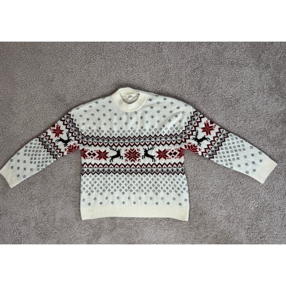 H&M Sweaters - H&M Mens Fair Isle Reindeer Snowflake Sweater Ivory Red Gray Holiday Crew Neck M